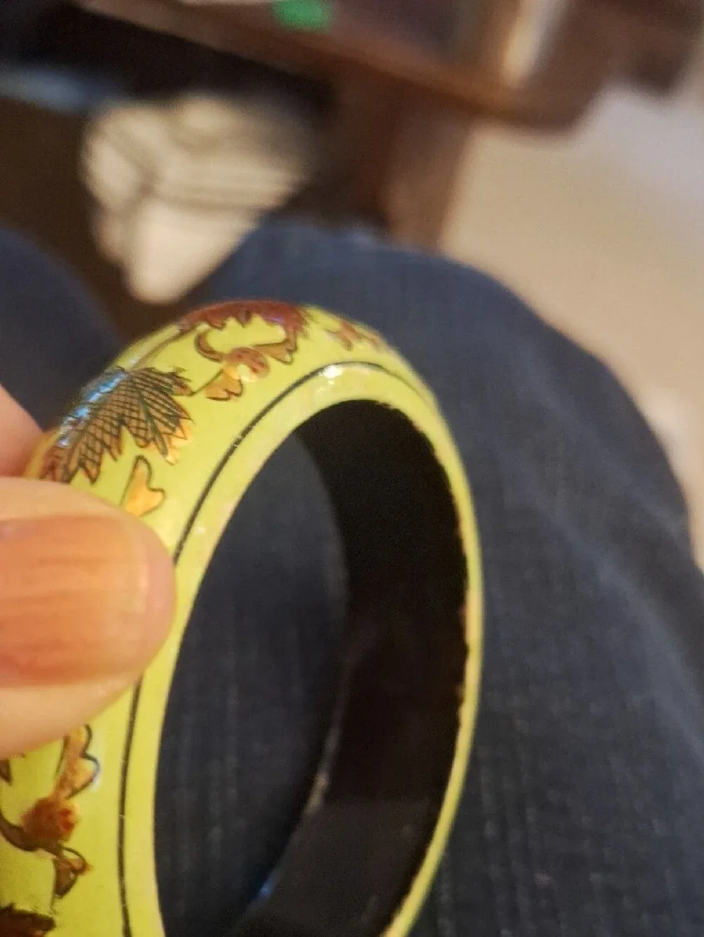 Antique Wood Lime Green & Gold Bronze Leaf Cuff 2.5